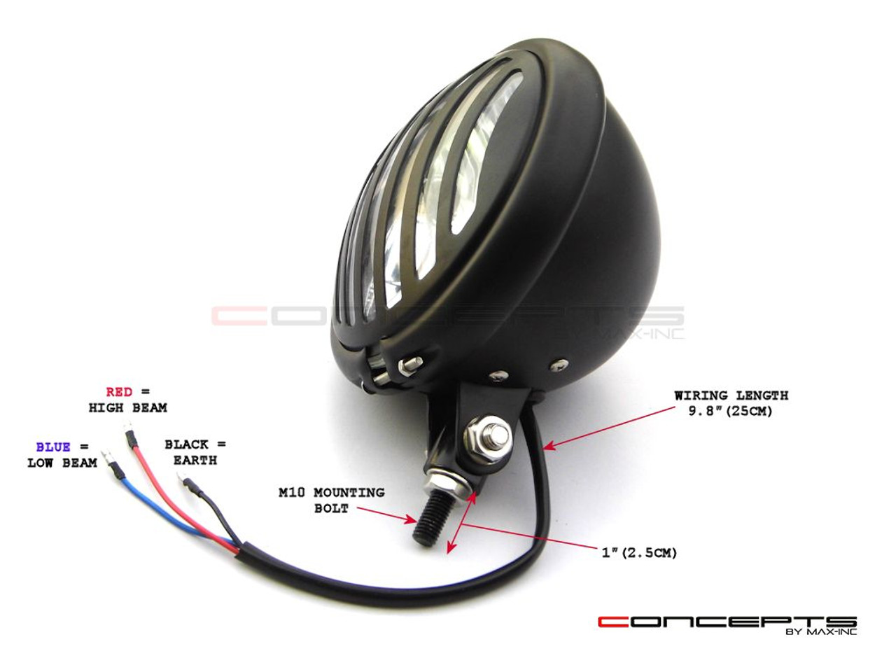 5.75" Bates Style Prison Grill Matte Black Metal Headlight - 12v / 55w Halogen Bulb