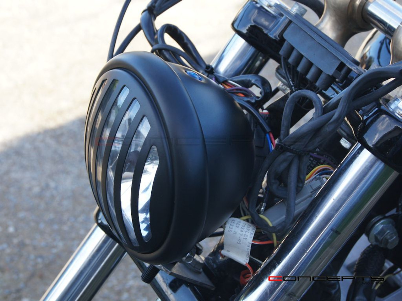 5.75" Bates Style Prison Grill Matte Black Metal Headlight - 12v / 55w Halogen Bulb