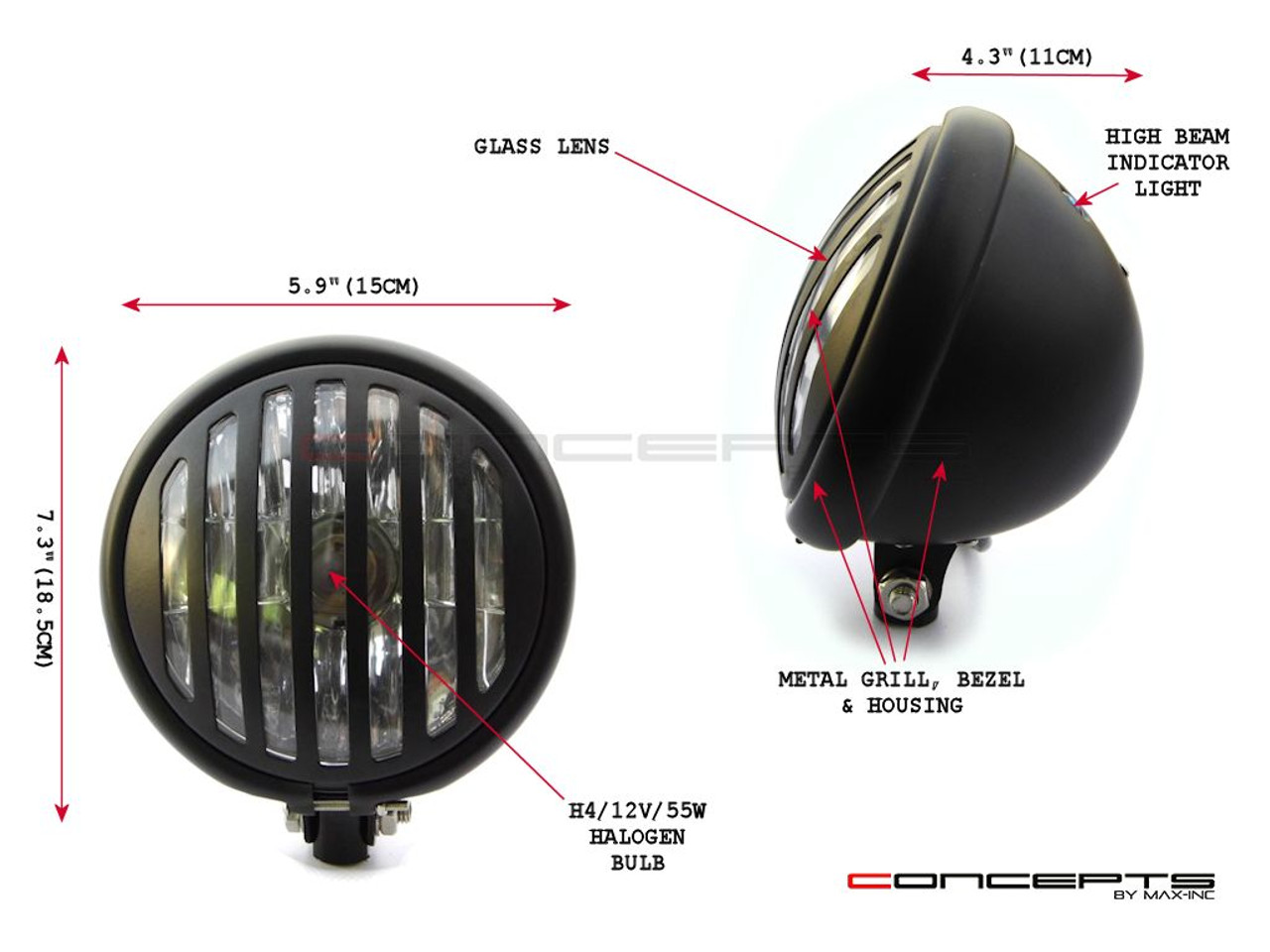 5.75" Bates Style Prison Grill Matte Black Metal Headlight - 12v / 55w Halogen Bulb