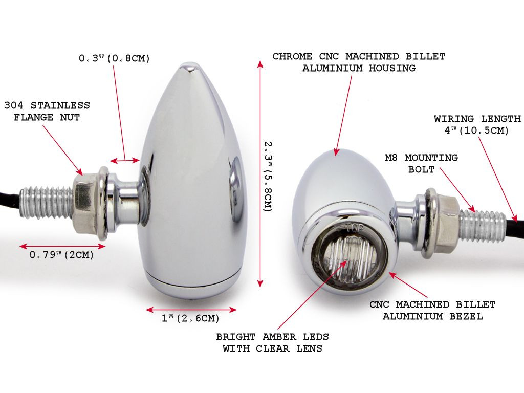 MAX Chrome Machined Aluminium Micro Bullet LED Indicators / Turn Signals