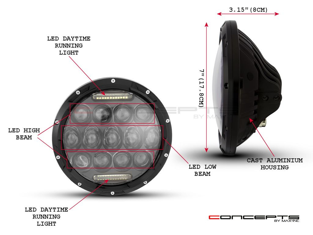 7" Black Multi Projector LED Headlight + DRL Insert - 75w