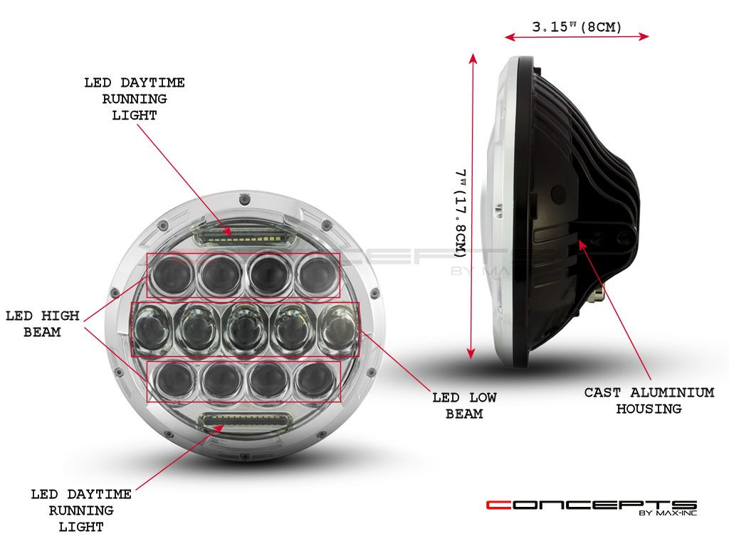 7" Chrome Multi Projector LED Headlight + DRL Insert - 75w