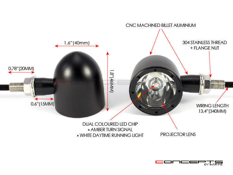 Black CNC Machined Billet Alum Classic Integrated LED Turn Signals + Daytime Running Lights