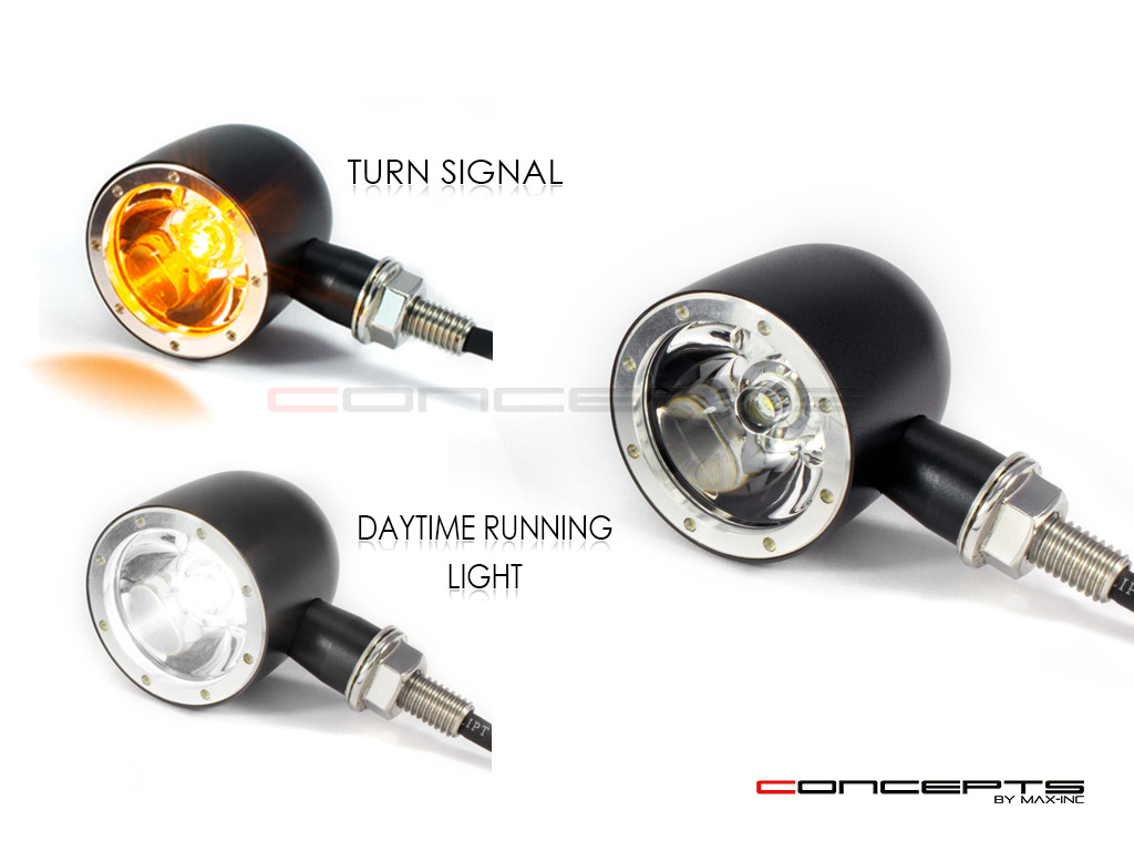 Black + Alum Bezel CNC Machined Billet Alum Classic Integrated LED Turn Signals + Daytime Running Lights