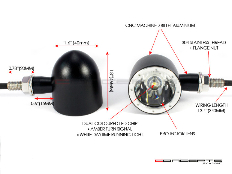 Black + Alum Bezel CNC Machined Billet Alum Classic Integrated LED Turn Signals + Daytime Running Lights