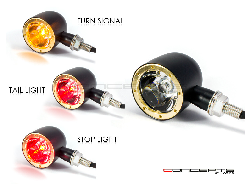 Black + Brass Bezel CNC Machined Billet Alum Classic Integrated LED Stop / Tail Lights + Turn Signals