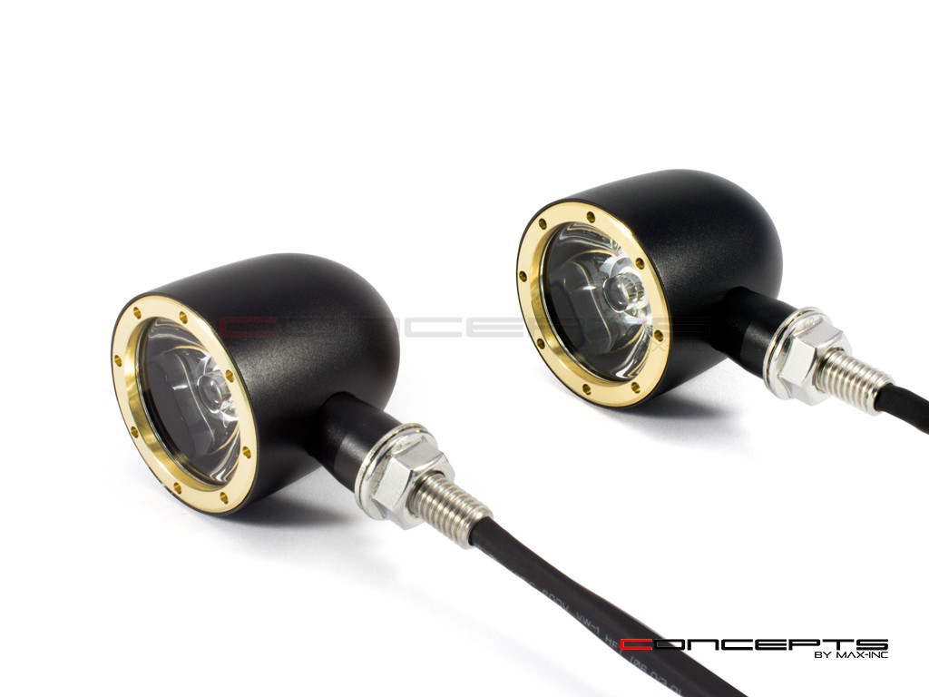 Black + Brass Bezel CNC Machined Billet Alum Classic Integrated LED Turn Signals + Daytime Running Lights