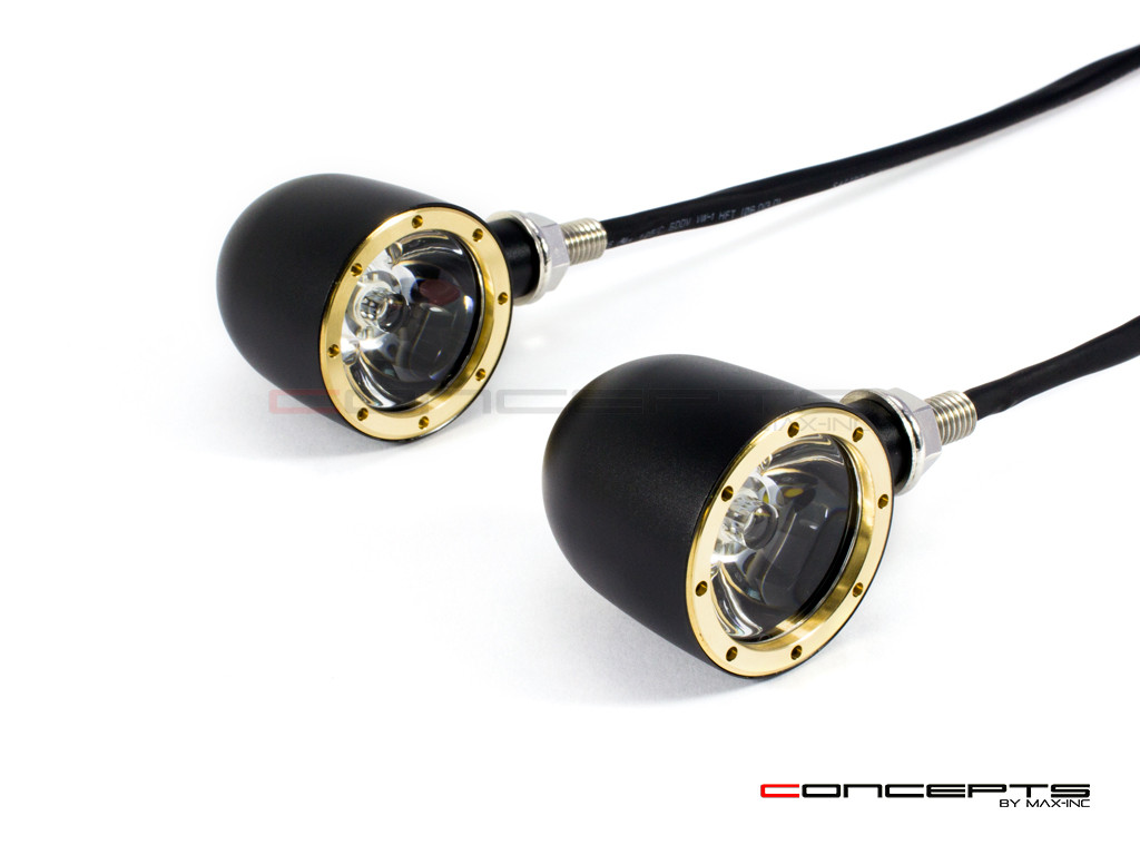 Black + Brass Bezel CNC Machined Billet Alum Classic Integrated LED Turn Signals + Daytime Running Lights