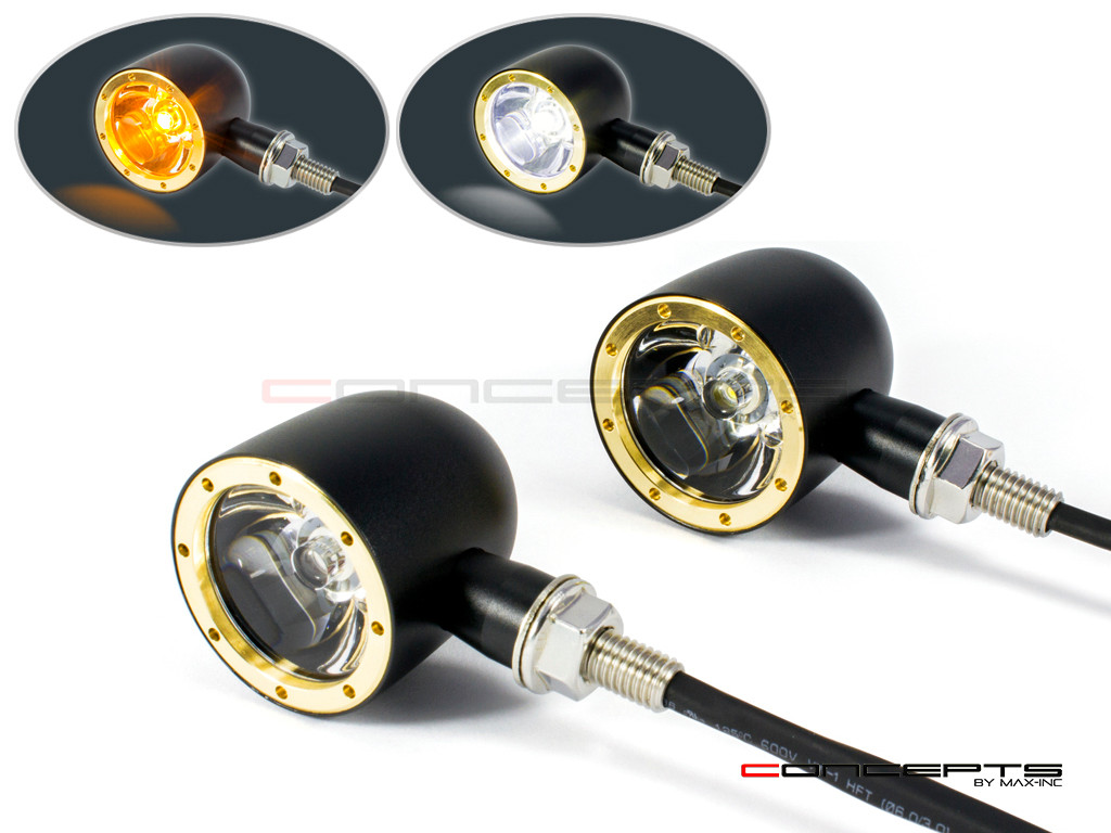 Black + Brass Bezel CNC Machined Billet Alum Classic Integrated LED Turn Signals + Daytime Running Lights
