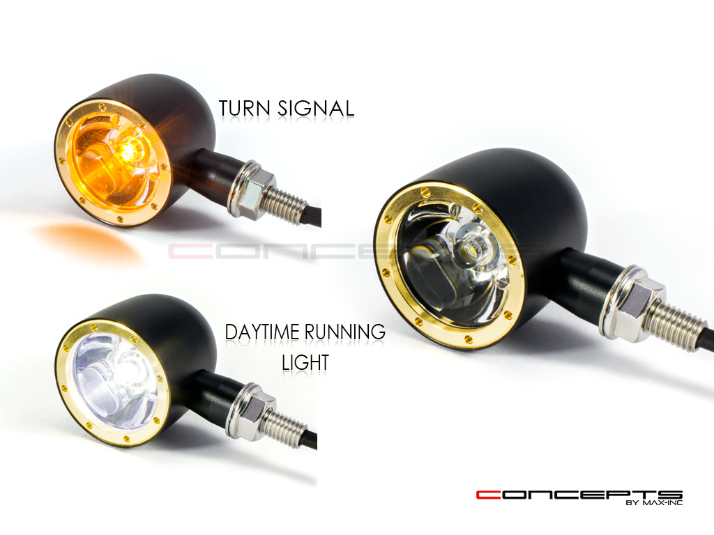 Black + Brass Bezel CNC Machined Billet Alum Classic Integrated LED Turn Signals + Daytime Running Lights