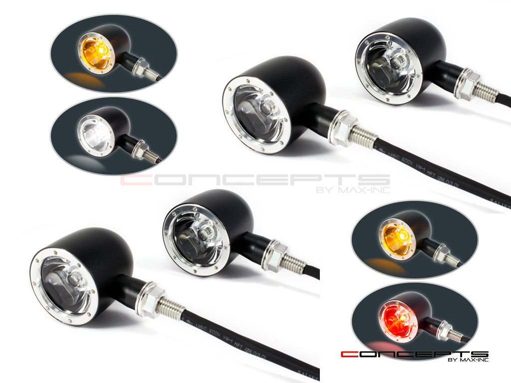 Set Of 4 Black + Alum Bezel CNC Machined Billet Alum Classic Integrated Front & Rear Turn Signals