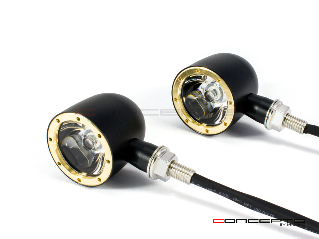Set Of 4 Black + Brass Bezel CNC Machined Billet Alum Classic Integrated Front & Rear Turn Signals