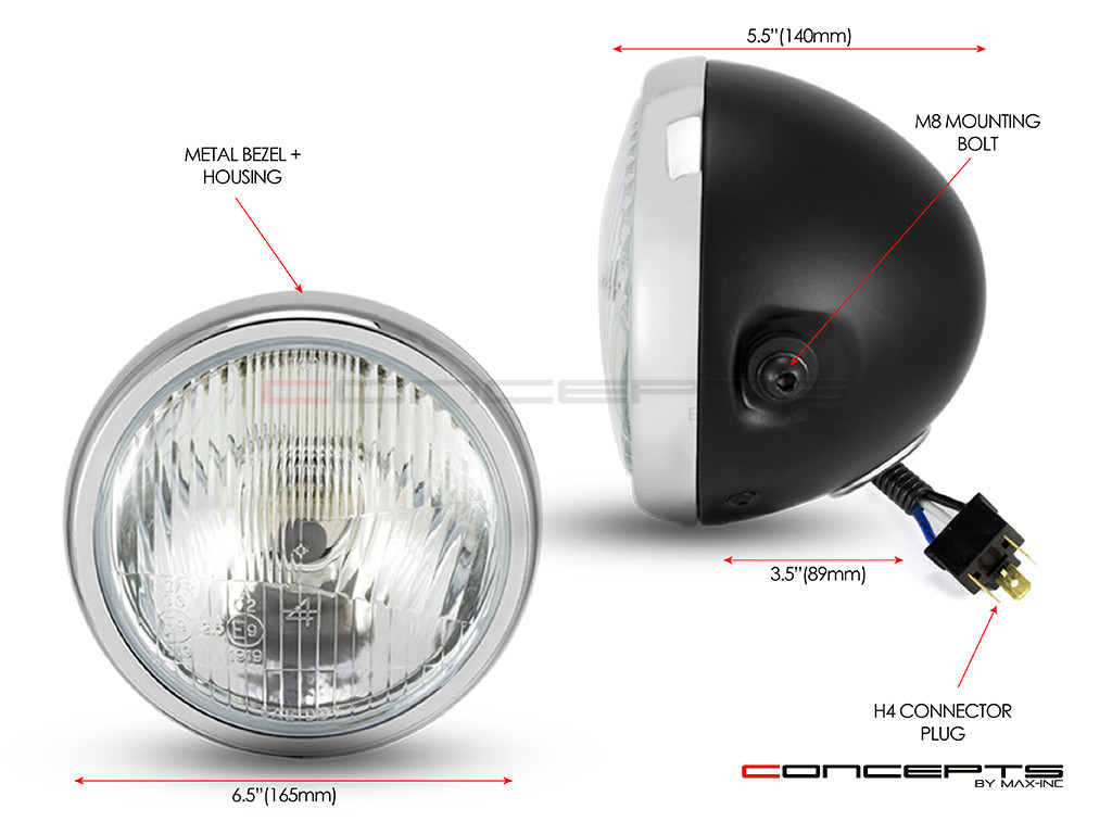  6" Matte Black + Chrome Universal Metal Classic Headlight 