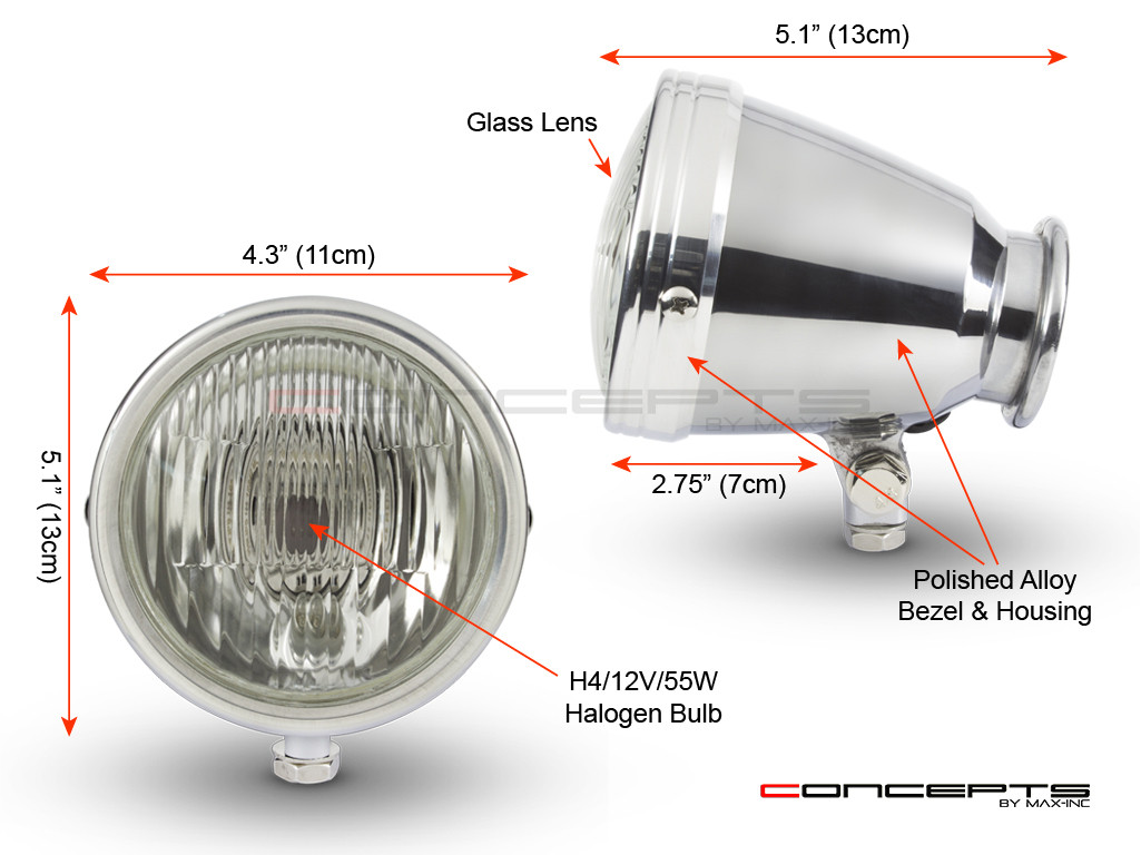 4.5" Polished Alloy Bottom Mount Vintage Style Universal Headlight