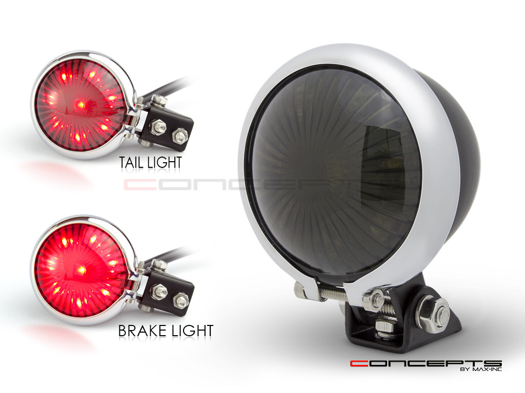 Matte Black + Chrome Mini Bates LED Stop / Tail Light - Smoked Lens