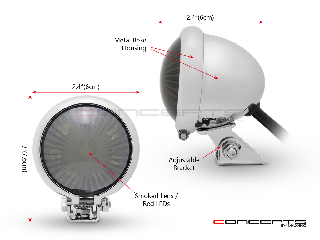 Chrome Mini Bates LED Stop / Tail Light - Smoked Lens