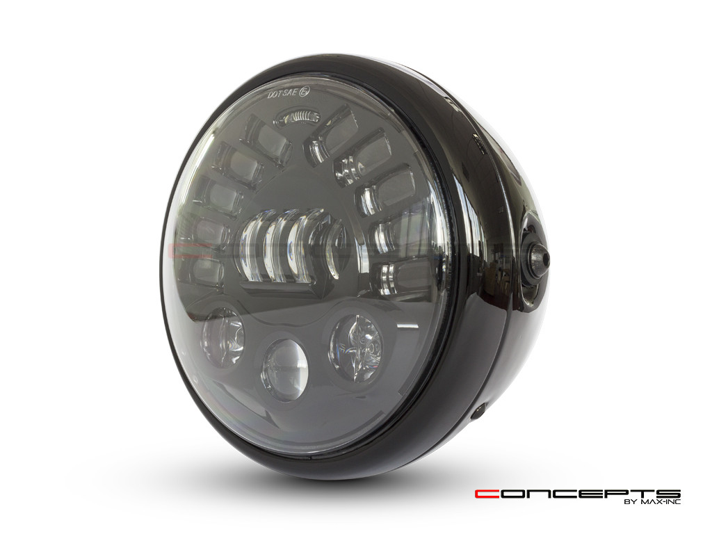 7.7" Gloss Black Metal LED Headlight + Integrated Turn Signals