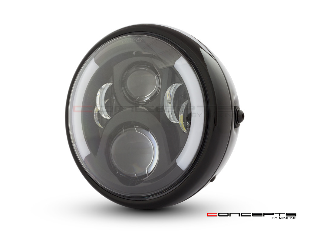 7.7" Gloss Black Metal LED Headlight + Integrated DRL & Turn Signals