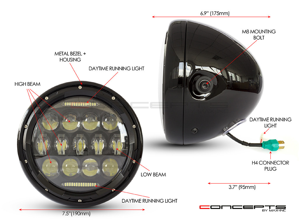 7.7" Gloss Black Metal Multi Projector LED Headlight