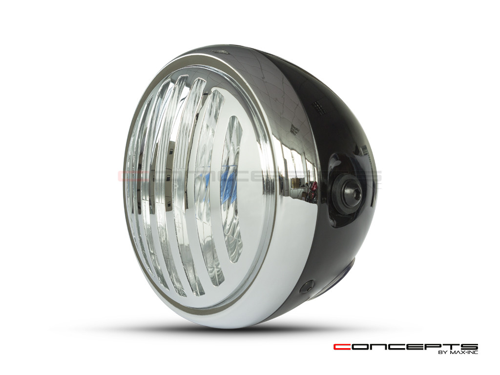 6" Gloss Black & Chrome + Prison Grill Metal Classic Headlight - Emarked