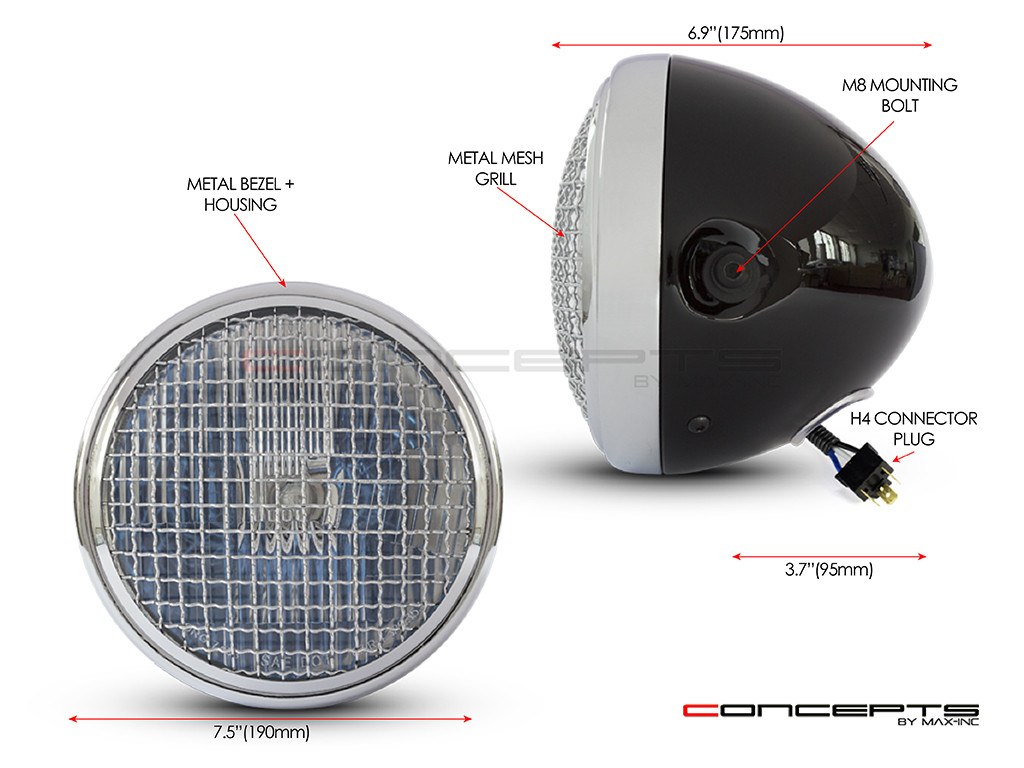7.5" Gloss Black & Chrome + Mesh Grill Metal Classic Headlight - DOT