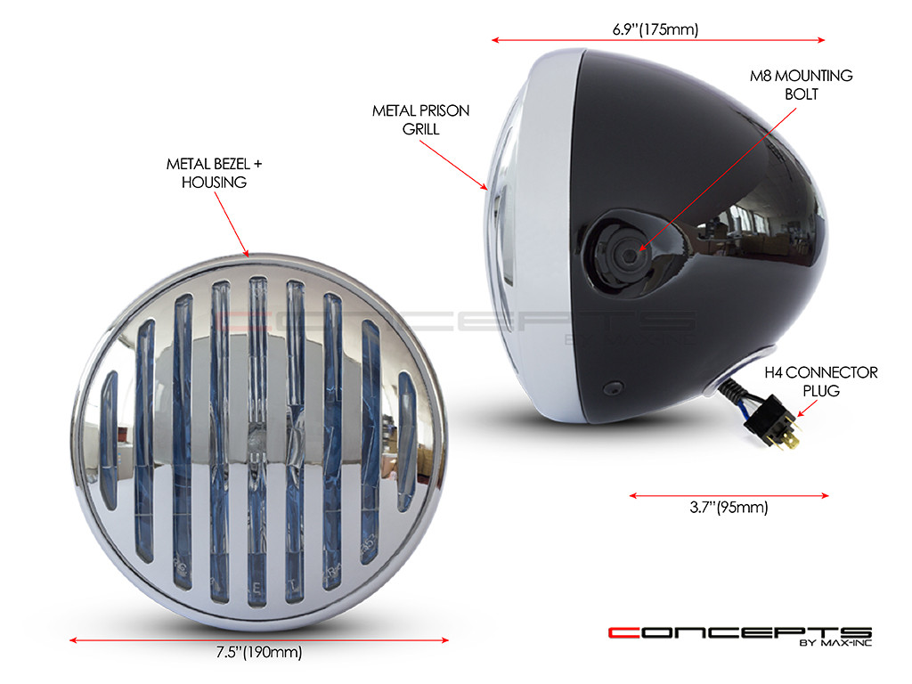 7.5" Gloss Black & Chrome + Prison Grill Metal Classic Headlight