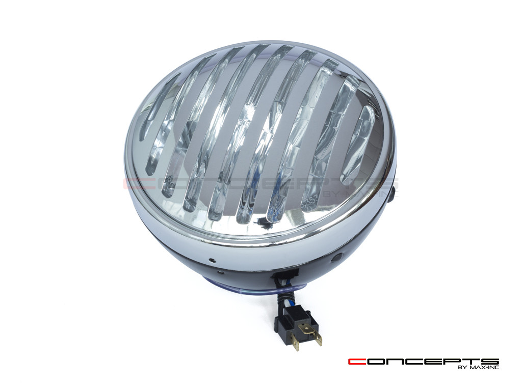 7.5" Gloss Black & Chrome + Prison Grill Metal Classic Headlight