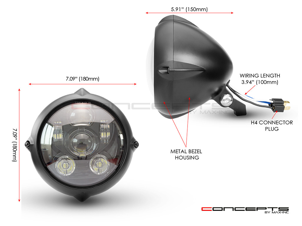 7" Black Alloy Vintage Style LED Projector Headlight