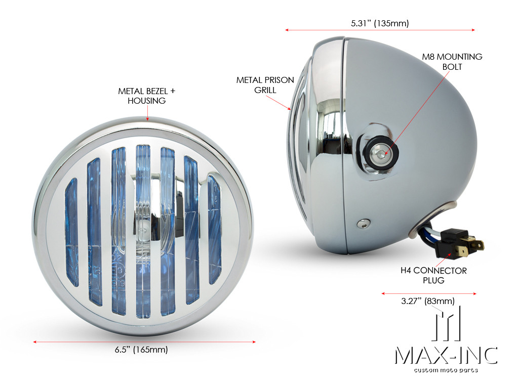 6" Chrome + Prison Grill Metal Classic Headlight