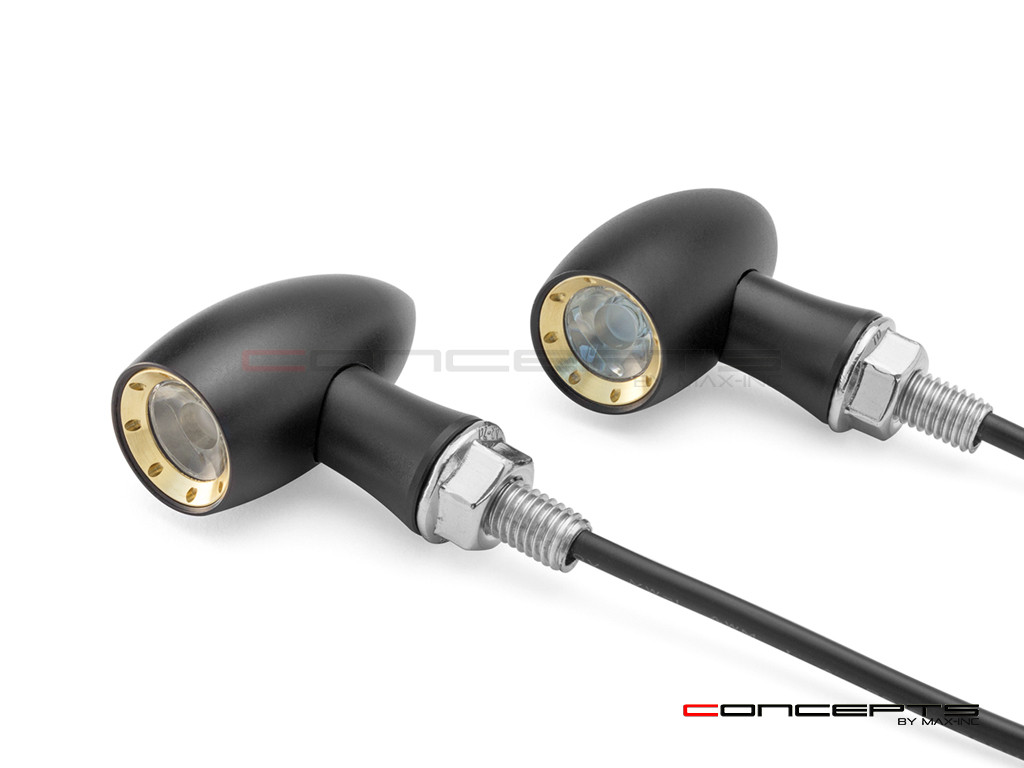 MAX LADZ Black + Brass CNC Machined Alum Mini LED Indicators / Turn Signals + Running Lights