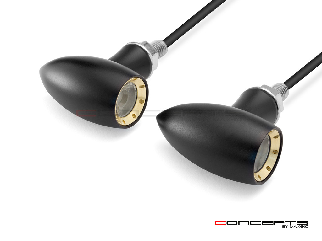 MAX LADZ Black + Brass CNC Machined Alum Mini LED Indicators / Turn Signals + Running Lights