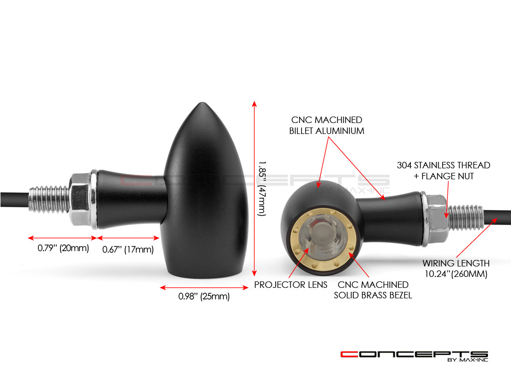 MAX LADZ Black + Brass CNC Machined Alum Mini LED Indicators / Turn Signals + Running Lights