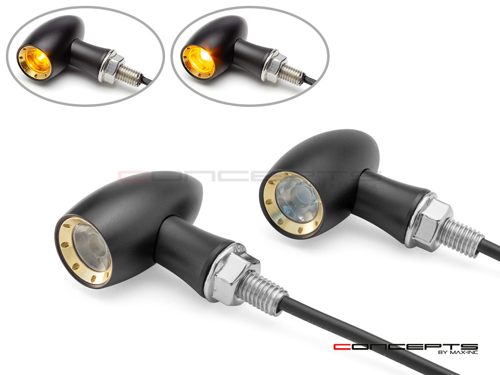 MAX LADZ Black + Brass CNC Machined Alum Mini LED Indicators / Turn Signals + Running Lights
