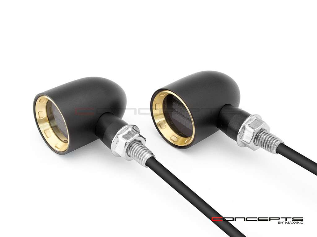 MAX "DERBY" Black + Brass CNC Machined Alum Classic Mini LED Indicators / Turn Signals
