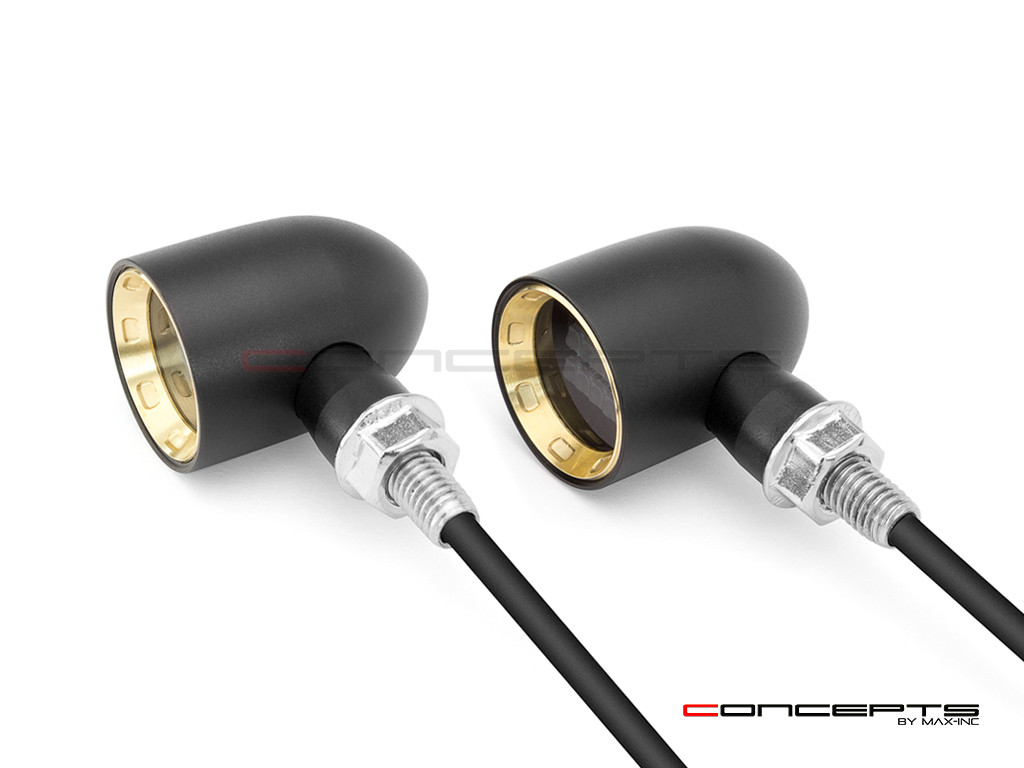 MAX "DERBY" Black + Brass CNC Machined Alum Classic Mini LED Indicators / Turn Signals