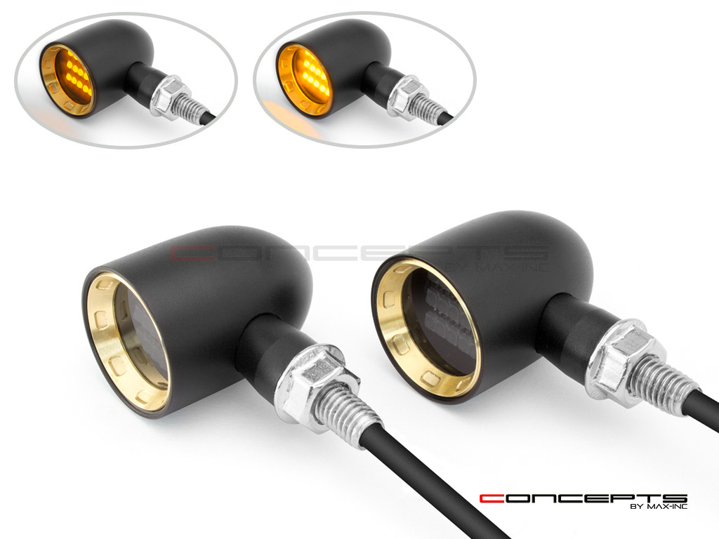 MAX "DERBY" Black + Brass CNC Machined Alum Classic Mini LED Indicators / Turn Signals