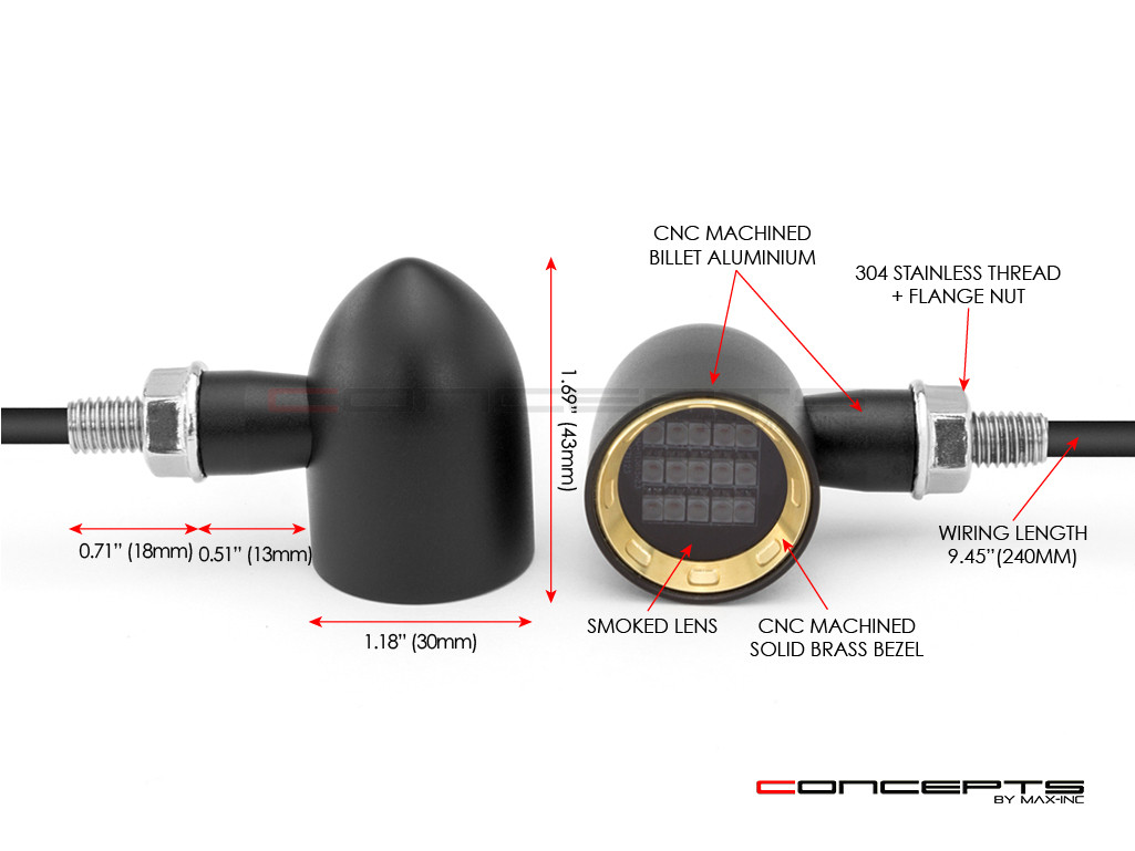 MAX "DERBY" Black + Brass CNC Machined Alum Classic Mini LED Indicators / Turn Signals