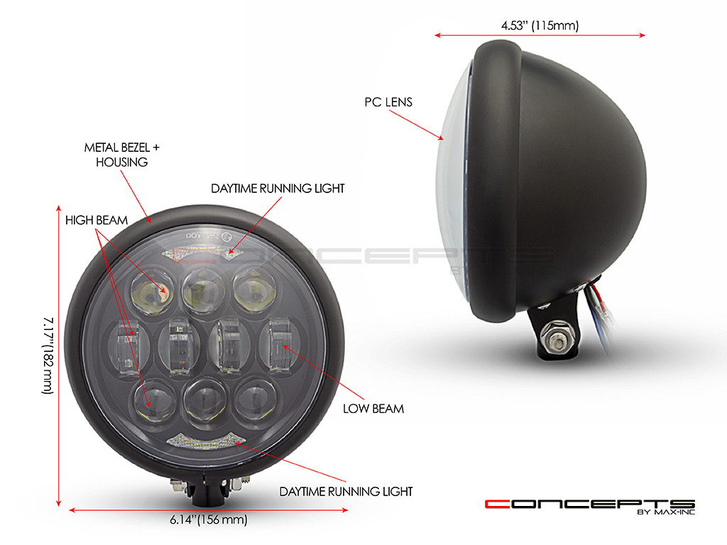 5.75" Bates Style LED Multi Projector Matte Black Metal Headlight + DRLS