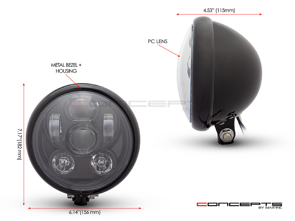 5.75" Bates Style LED Six Projector Gloss Black Metal Headlight