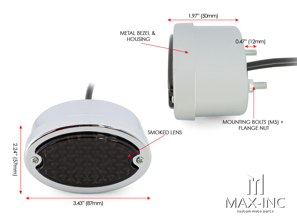 Classic Chrome Metal Oval Smoked Lens LED Stop / Tail Light