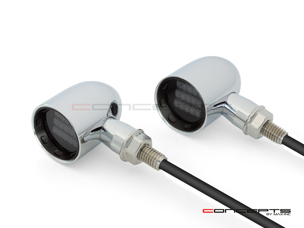 MAX "DERBY" Chrome + Black CNC Machined Alum Classic Mini LED Indicators / Turn Signals