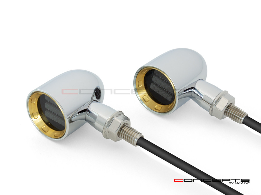 MAX "DERBY" Chrome + Brass CNC Machined Alum Classic Mini LED Indicators / Turn Signals