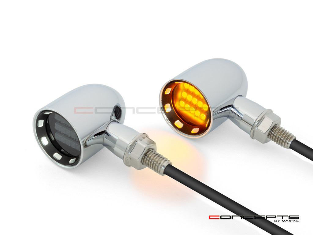 MAX "DERBY" Chrome + Black Contrast CNC Machined Alum Classic Mini LED Indicators / Turn Signals