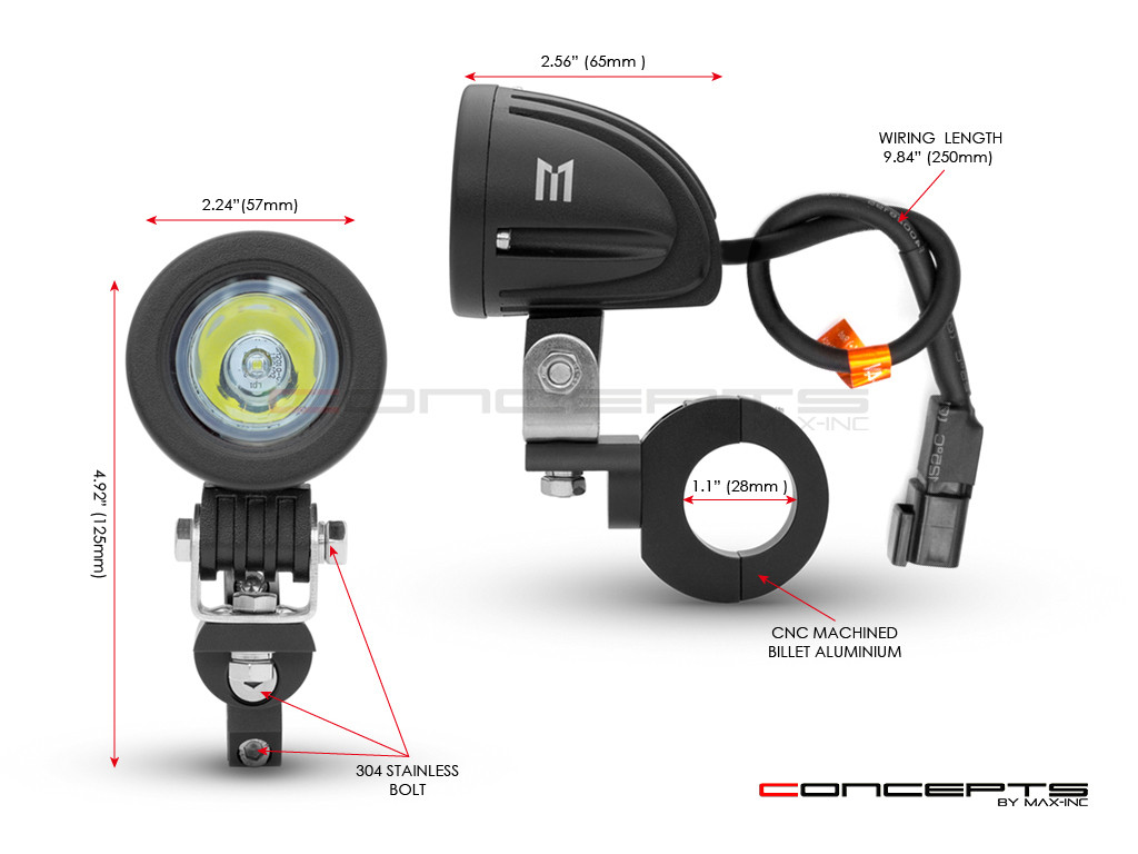 10w LED Spot Lights + Wiring Harness + Bar Clamps - Fits 22 /25 / 28mm Bars