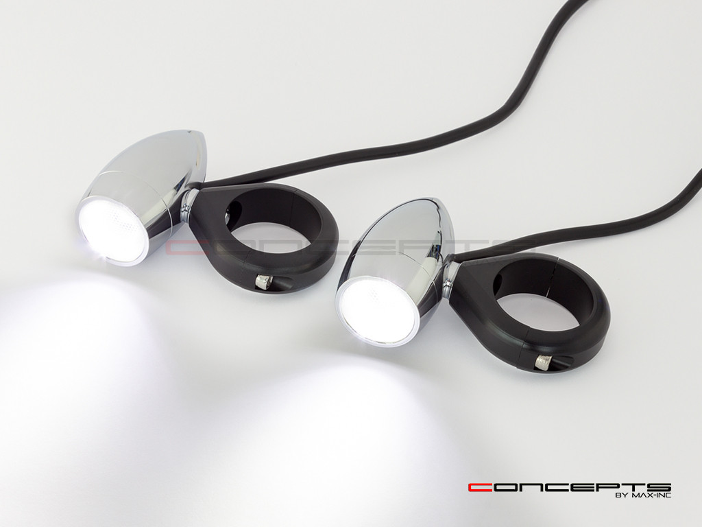 Chrome Aluminum Bullet Spot / Fog Lights + Complete Wiring Kit + Fork Clamps - 40/41mm