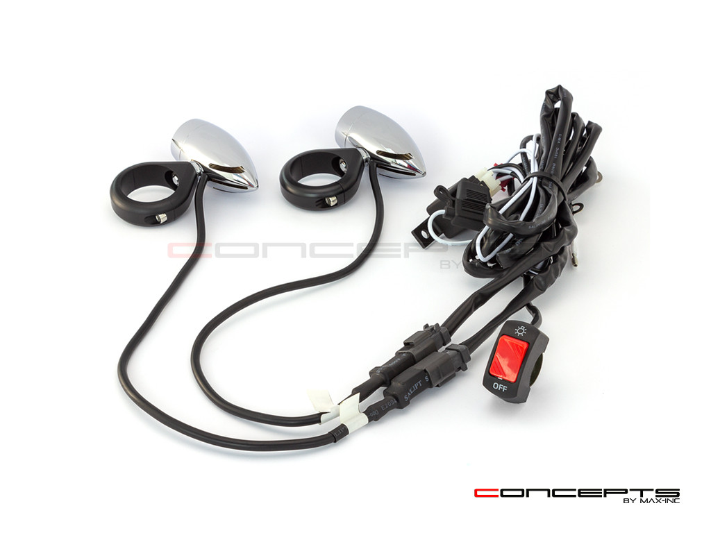 Chrome Aluminum Bullet Spot / Fog Lights + Complete Wiring Kit + Fork Clamps - 44/45mm