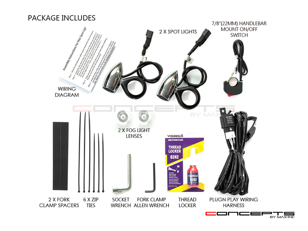 Chrome Aluminum Bullet Spot / Fog Lights + Complete Wiring Kit + Fork Clamps - 44/45mm