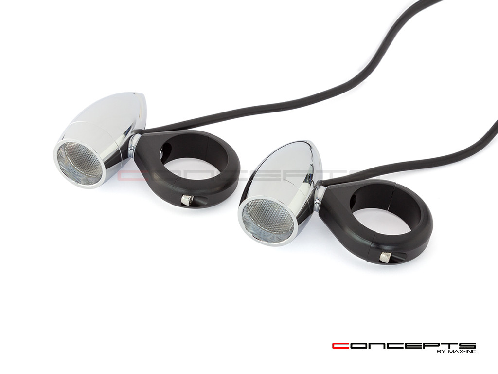 Chrome Aluminum Bullet Spot / Fog Lights + Complete Wiring Kit + Fork Clamps - 46/47mm