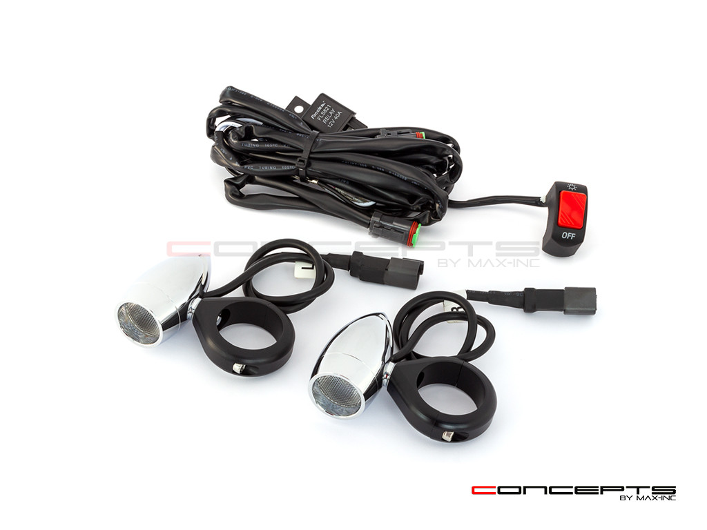 Chrome Aluminum Bullet Spot / Fog Lights + Complete Wiring Kit + Fork Clamps - 54/55mm