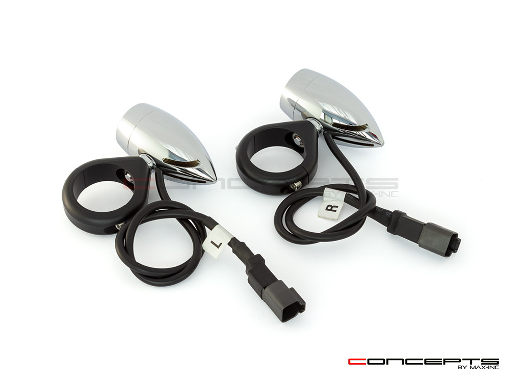 Chrome Aluminum Bullet Spot / Fog Lights + Complete Wiring Kit + Fork Clamps - 54/55mm